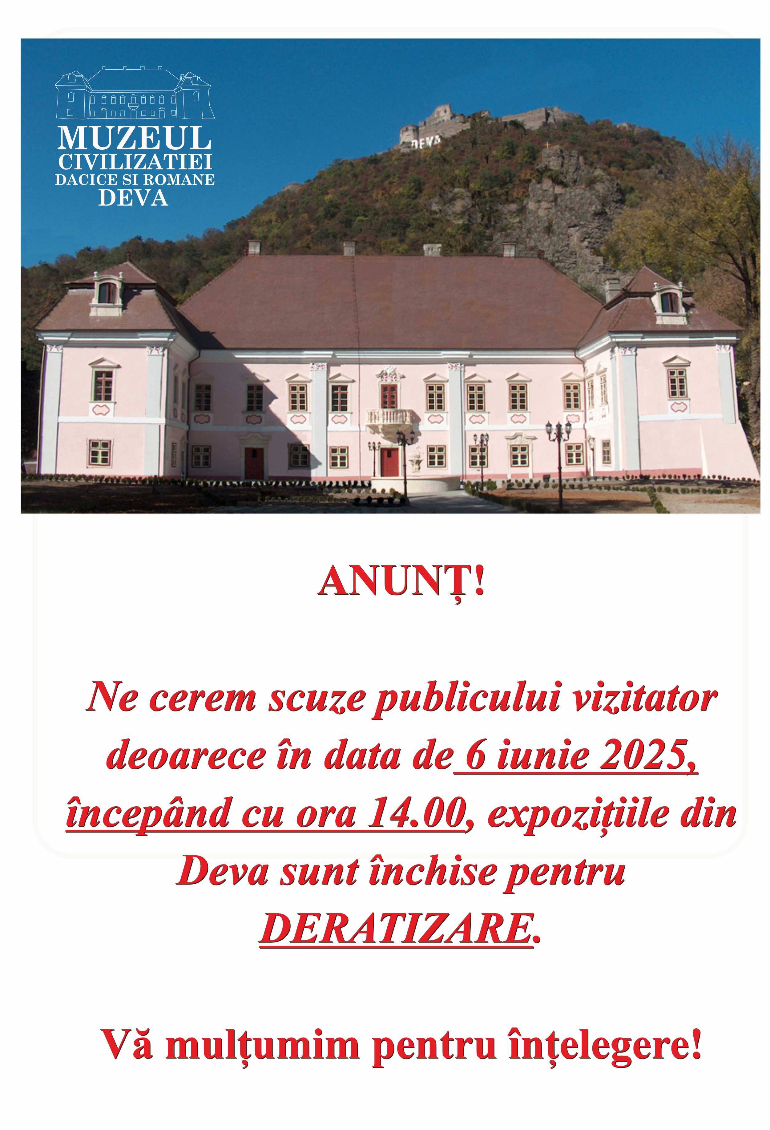 ANUNȚ IMPORTANT!!! Este DERATIZARE la expozițiile din Deva în data de 6 iunie 2025, începând cu ora 14.00 